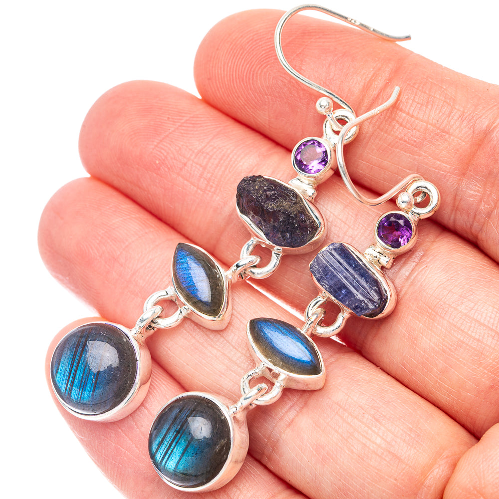 Labradorite, Tanzanite, Amethyst Earrings 2 1/4" (925 Sterling Silver) E2375
