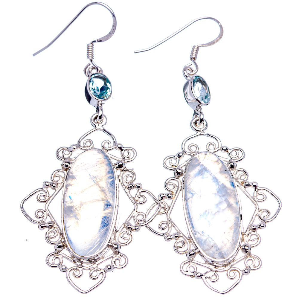 Signature Rainbow Moonstone, Blue Topaz Earrings 2 5/8" (.925 Sterling Silver)