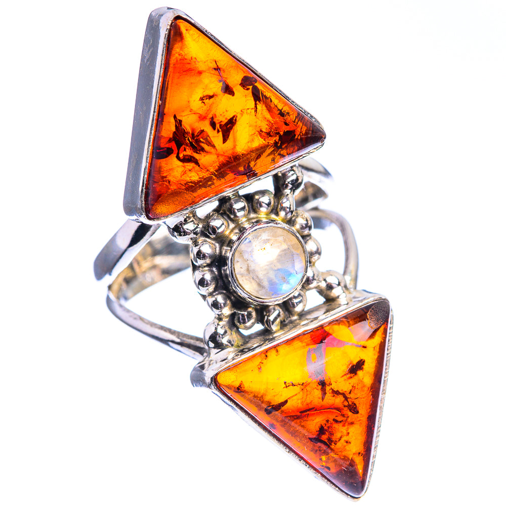Large Baltic Amber, Rainbow Moonstone Ring Size 6 (925 Sterling Silver) R142367