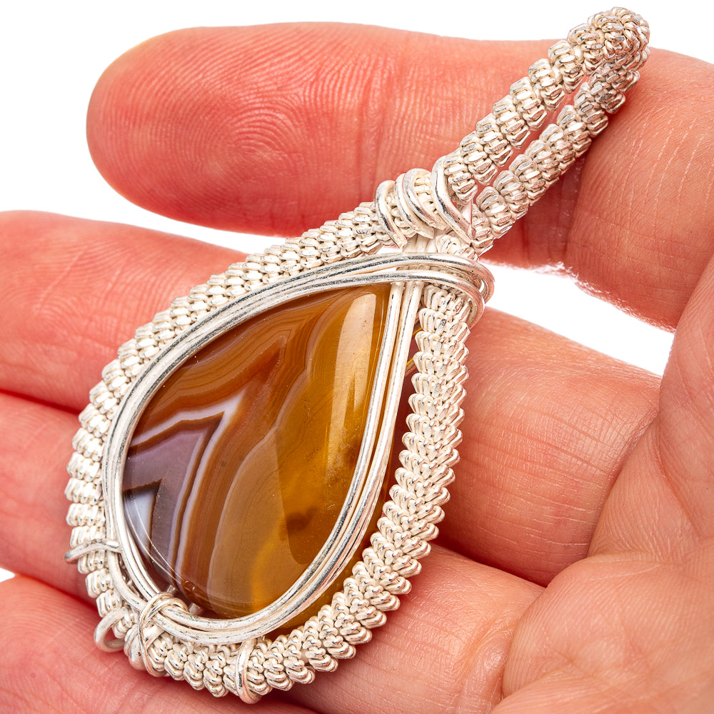 Banded Agate Wire Wrap Pendant 2 3/8" (Silver Plated)
