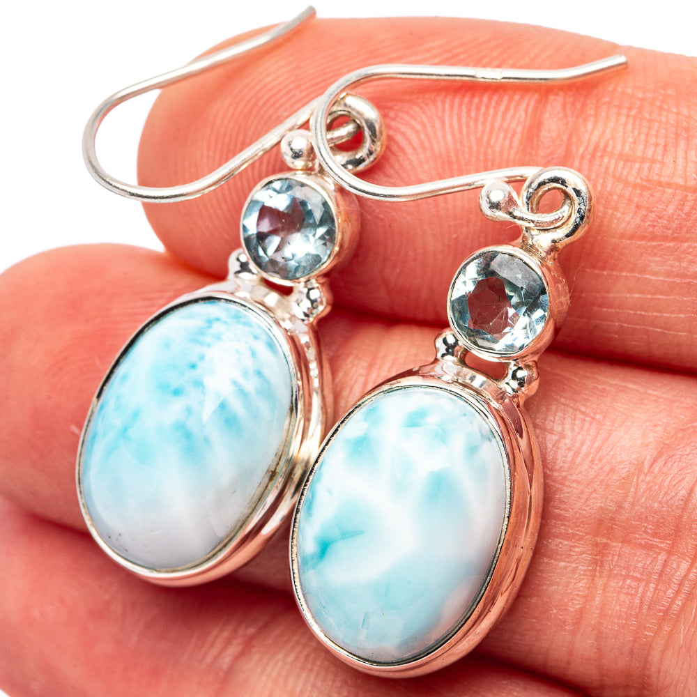 Rare Larimar, Blue Topaz Earrings 1 1/2" (.925 Sterling Silver)