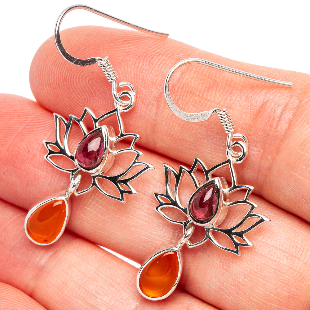 Garnet, Carnelian Lotus 925 Sterling Silver Premium Earrings 1 1/2" (925 Sterling Silver) E2242