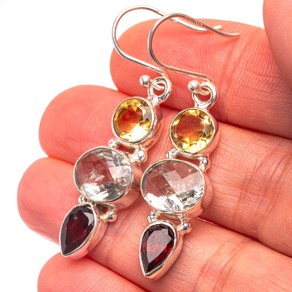 White Quartz, Citrine, Garnet 925 Sterling Silver Earrings 1 3/4" (925 Sterling Silver) EARR432206