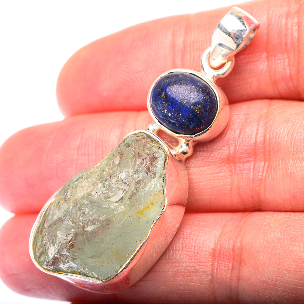 Raw Aquamarine, Lapis Lazuli Pendant 1 7/8" (925 Sterling Silver) PD38543