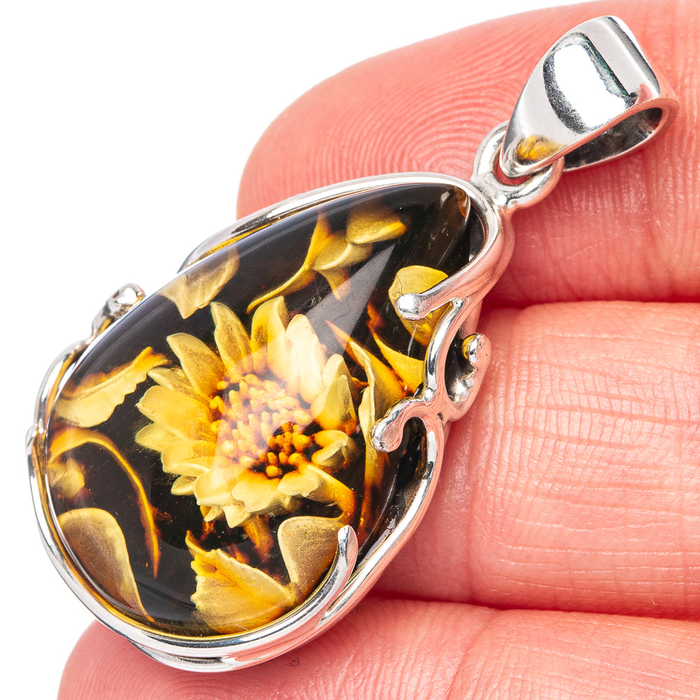 Amber Intaglio Sunflower Pendant 1 1/2" (925 Sterling Silver) P42554
