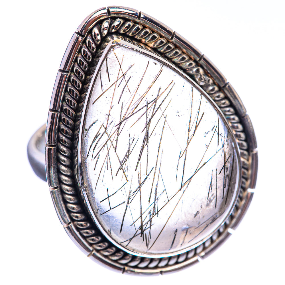 Large Tourmalinated Quartz 925 Sterling Silver Ring Size 8.5