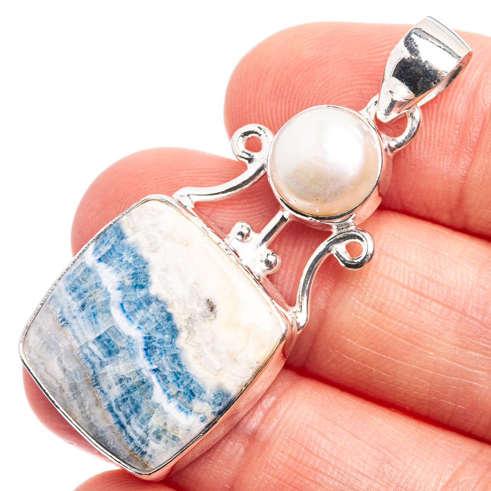Blue Scheelite, Cultured Pearl Pendant 1 3/4" (925 Sterling Silver) P39000