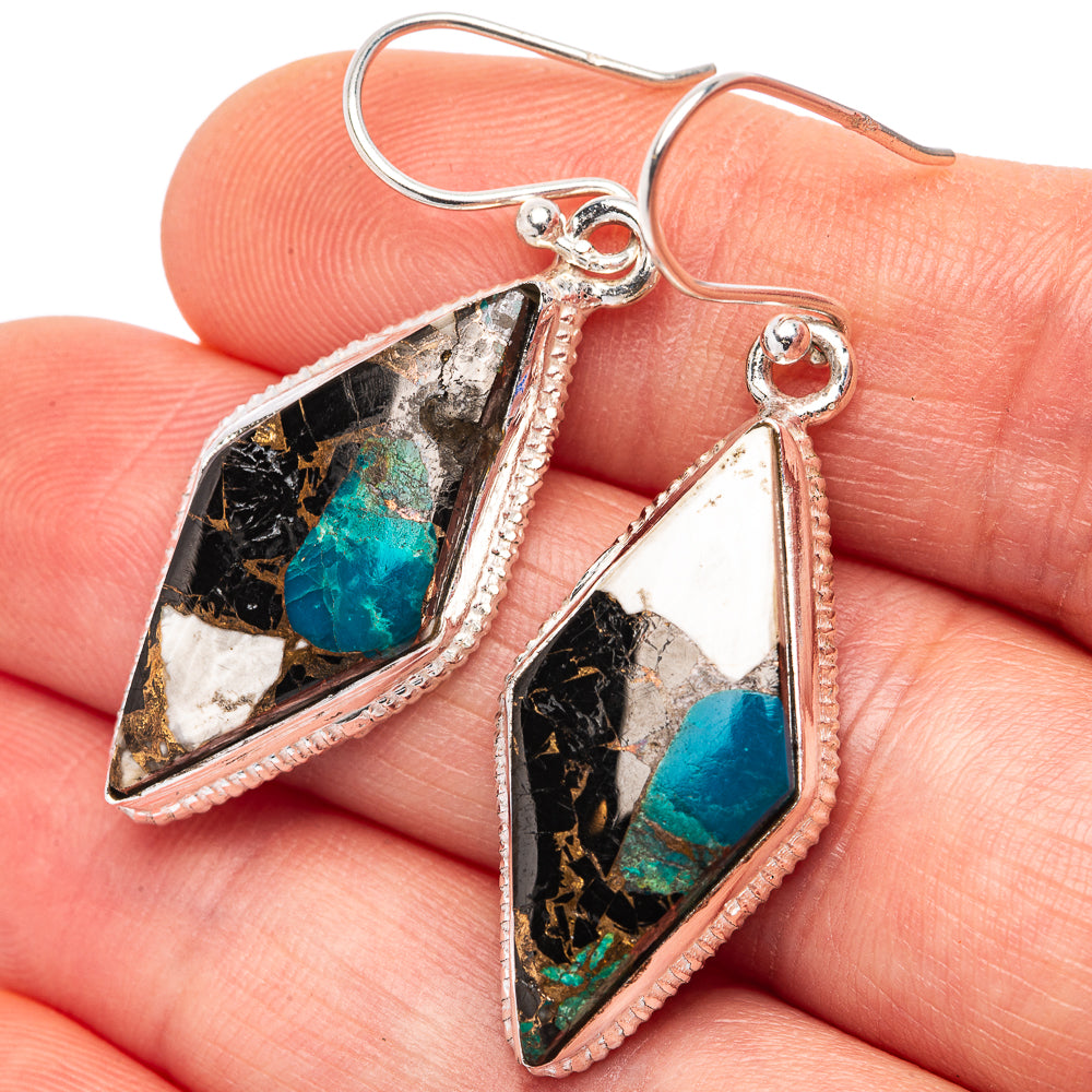 Black Onyx In Chrysocolla Earrings 1 5/8" (.925 Sterling Silver)