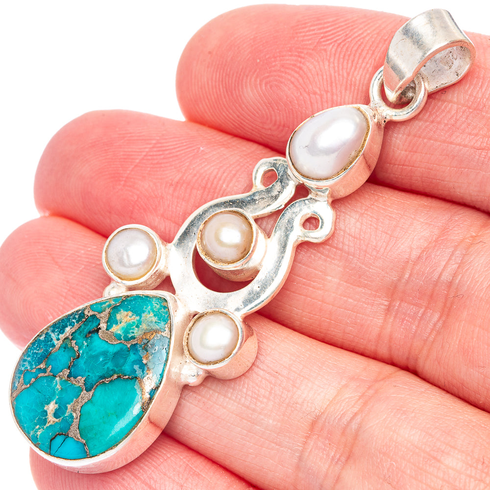 Blue Copper Composite Turquoise, Cultured Pearl Pendant 2 1/4" (925 Sterling Silver) P40026