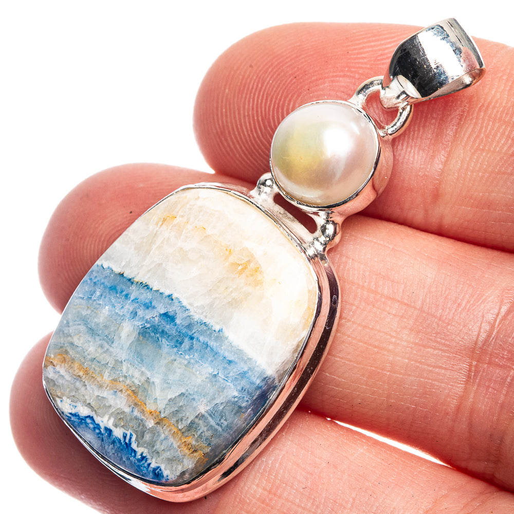 Blue Scheelite, Cultured Pearl Pendant 1 3/4" (925 Sterling Silver) P39179