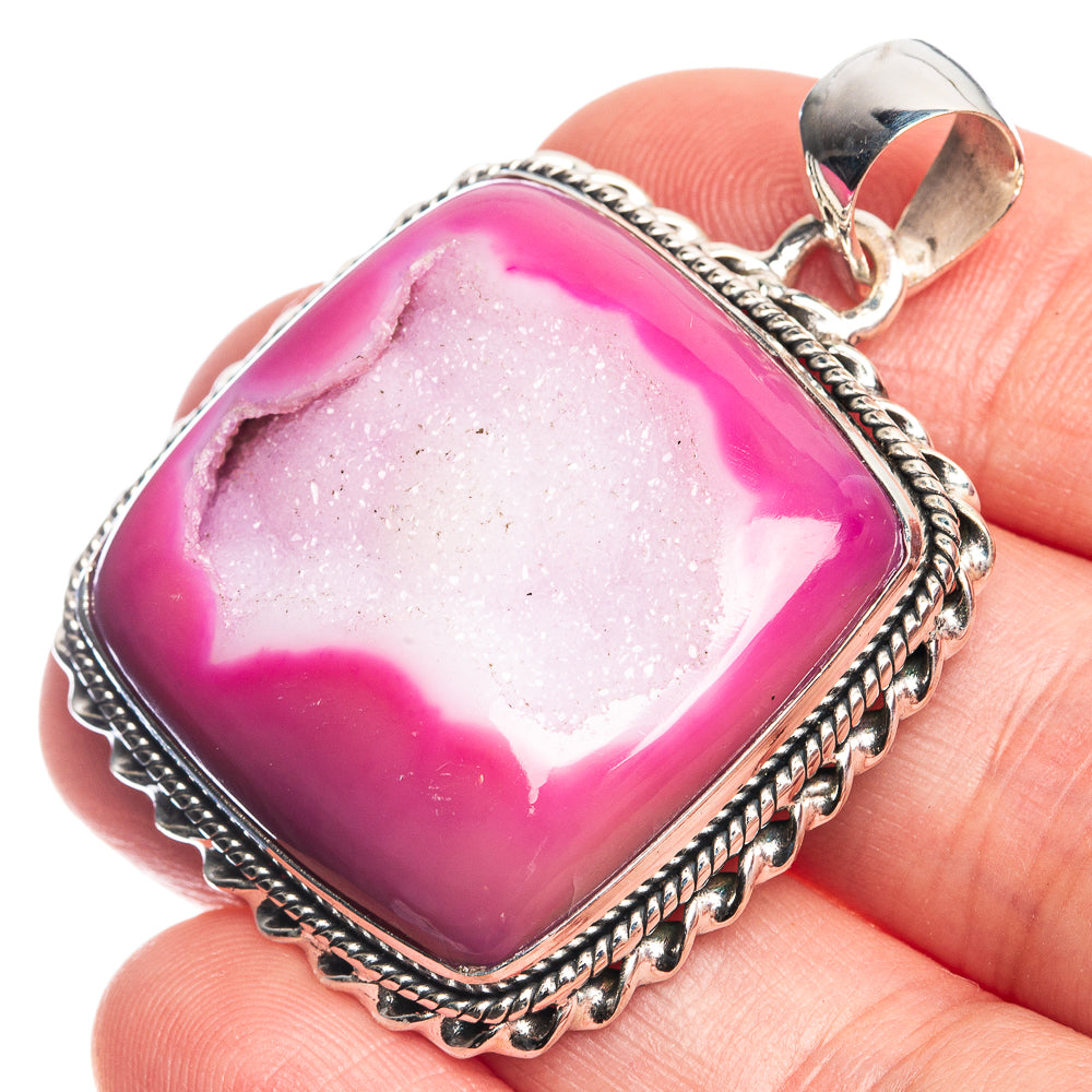 Pink Druzy 925 Sterling Silver Pendant 1 5/8"