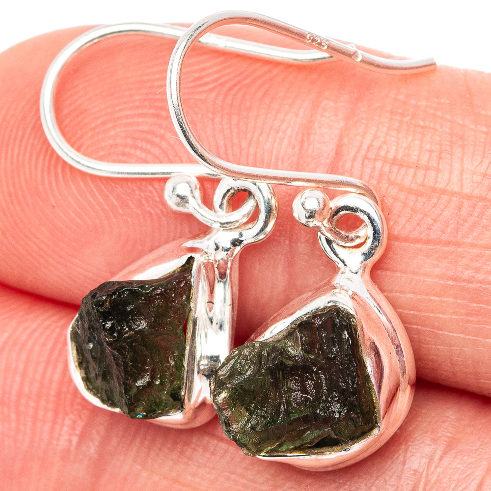 Rare Raw Moldavite Earrings 1" (.925 Sterling Silver)
