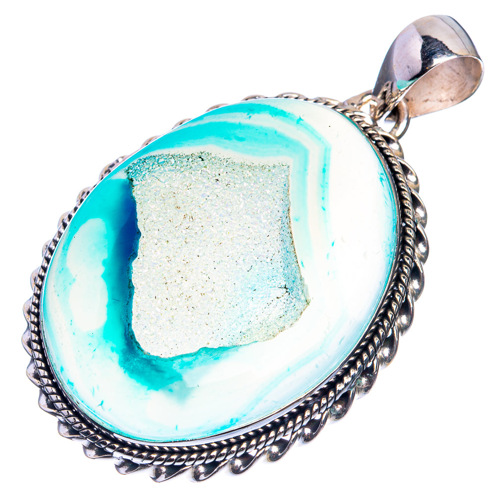 Blue Druzy 925 Sterling Silver Pendant 2"