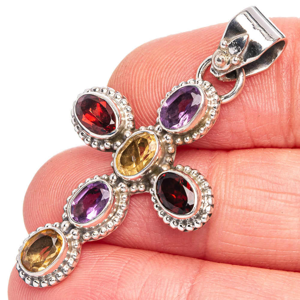 Garnet, Amethyst, Citrine Cross Pendant 1 3/4" (925 Sterling Silver) P40361