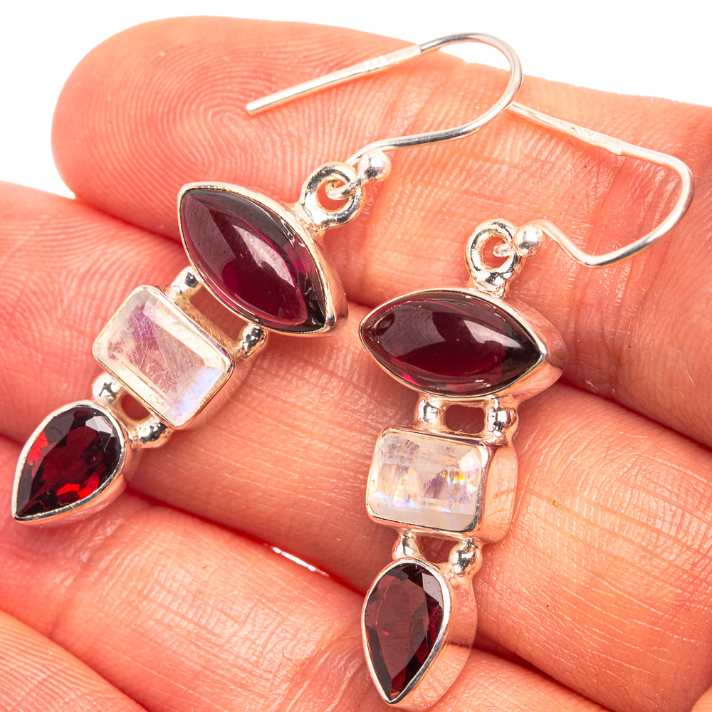 Garnet, Rainbow Moonstone, Pink Quartz Earrings 1 5/8" (925 Sterling Silver) E432407