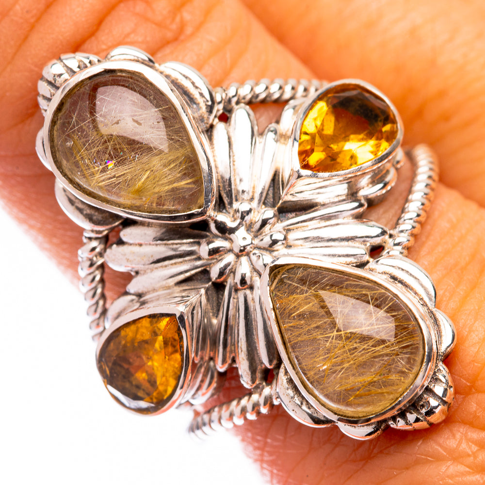 Large Rutilated Quartz, Citrine Ring Size 10 (925 Sterling Silver) R140830