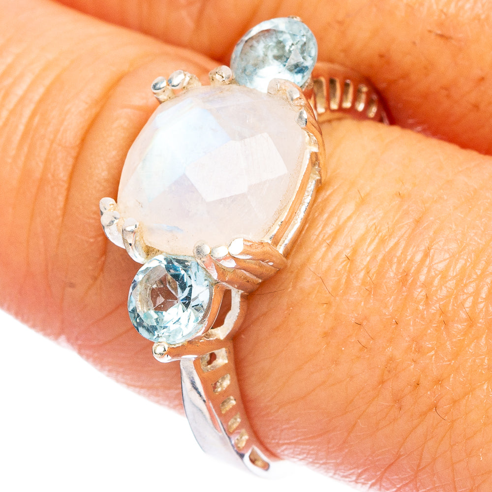 Rainbow Moonstone, Blue Topaz Ring Size 9 (925 Sterling Silver) R4797
