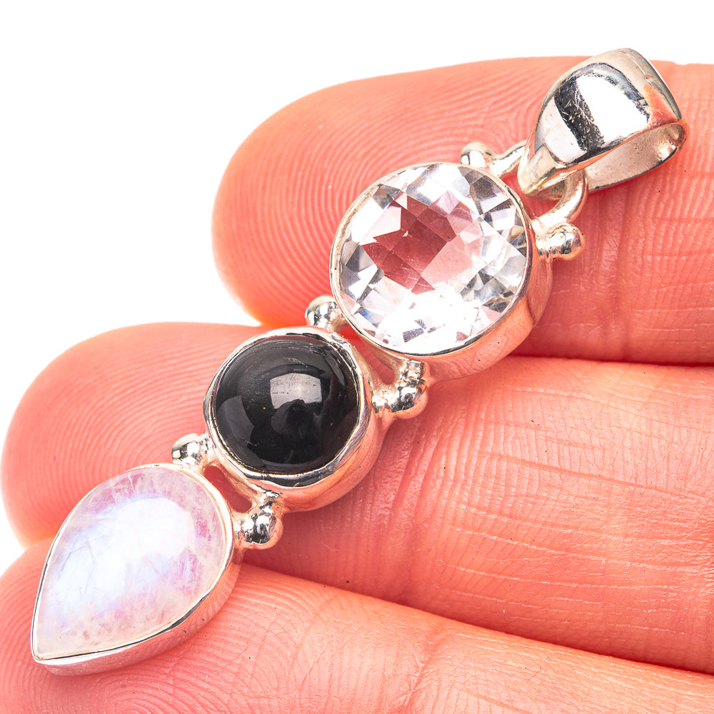 Rainbow Moonstone, White Quartz, Black Onyx Pendant 1 3/4" (925 Sterling Silver) P38692