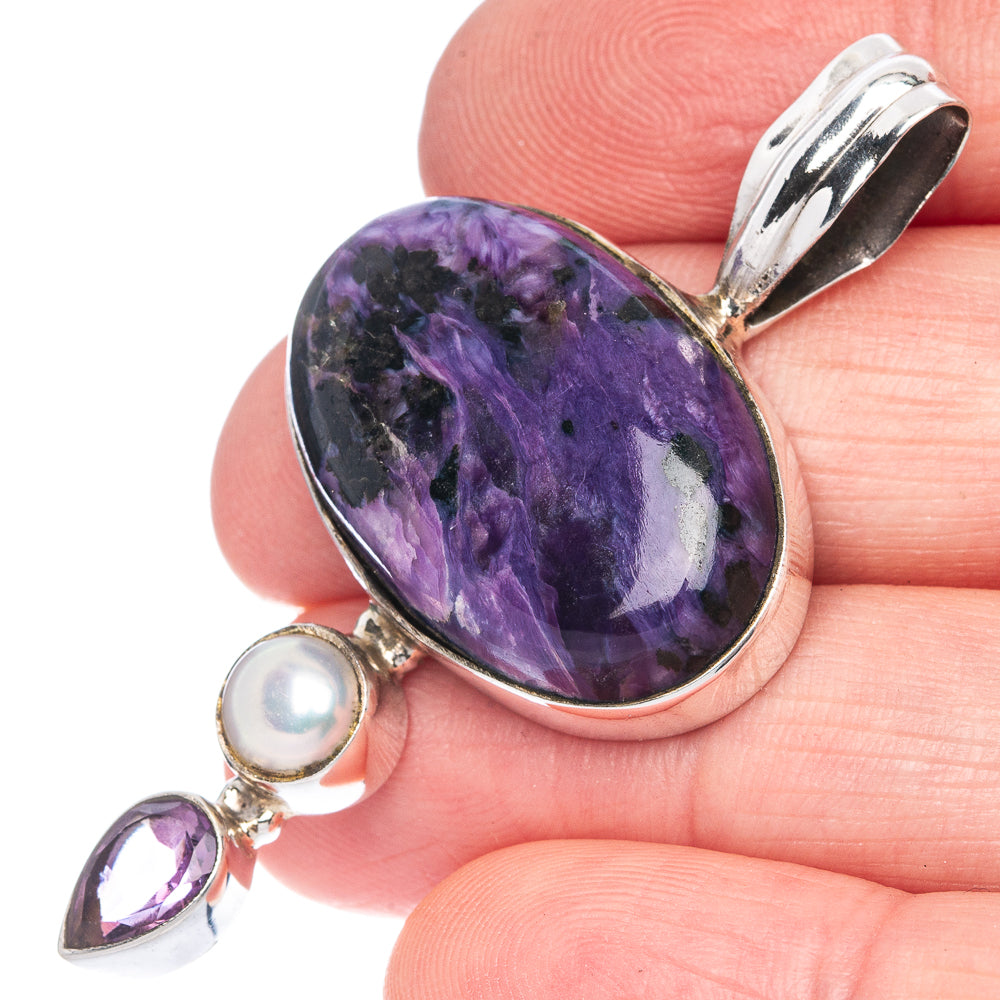 Charoite, Amethyst, Cultured Pearl Pendant 1 7/8" (925 Sterling Silver) P40111