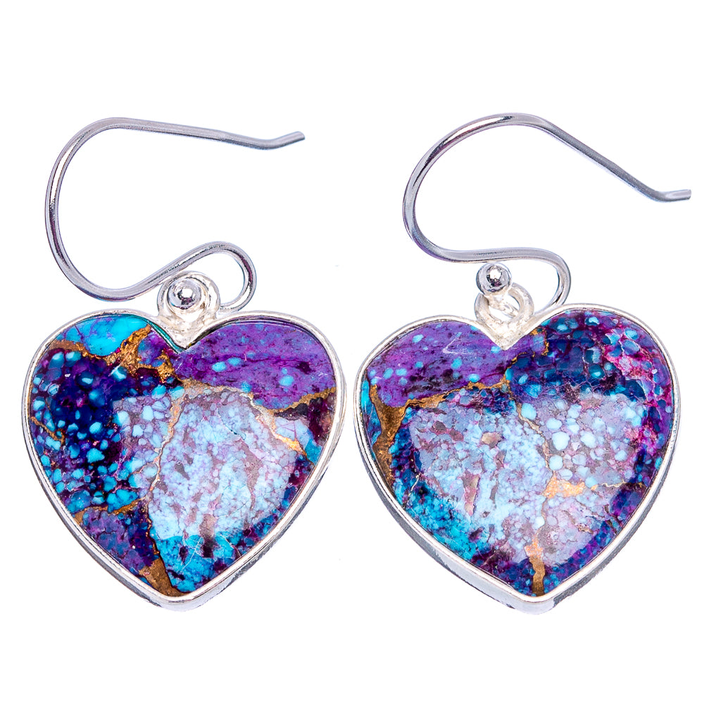 Purple Copper Turquoise Heart Earrings 1 1/4" (.925 Sterling Silver)