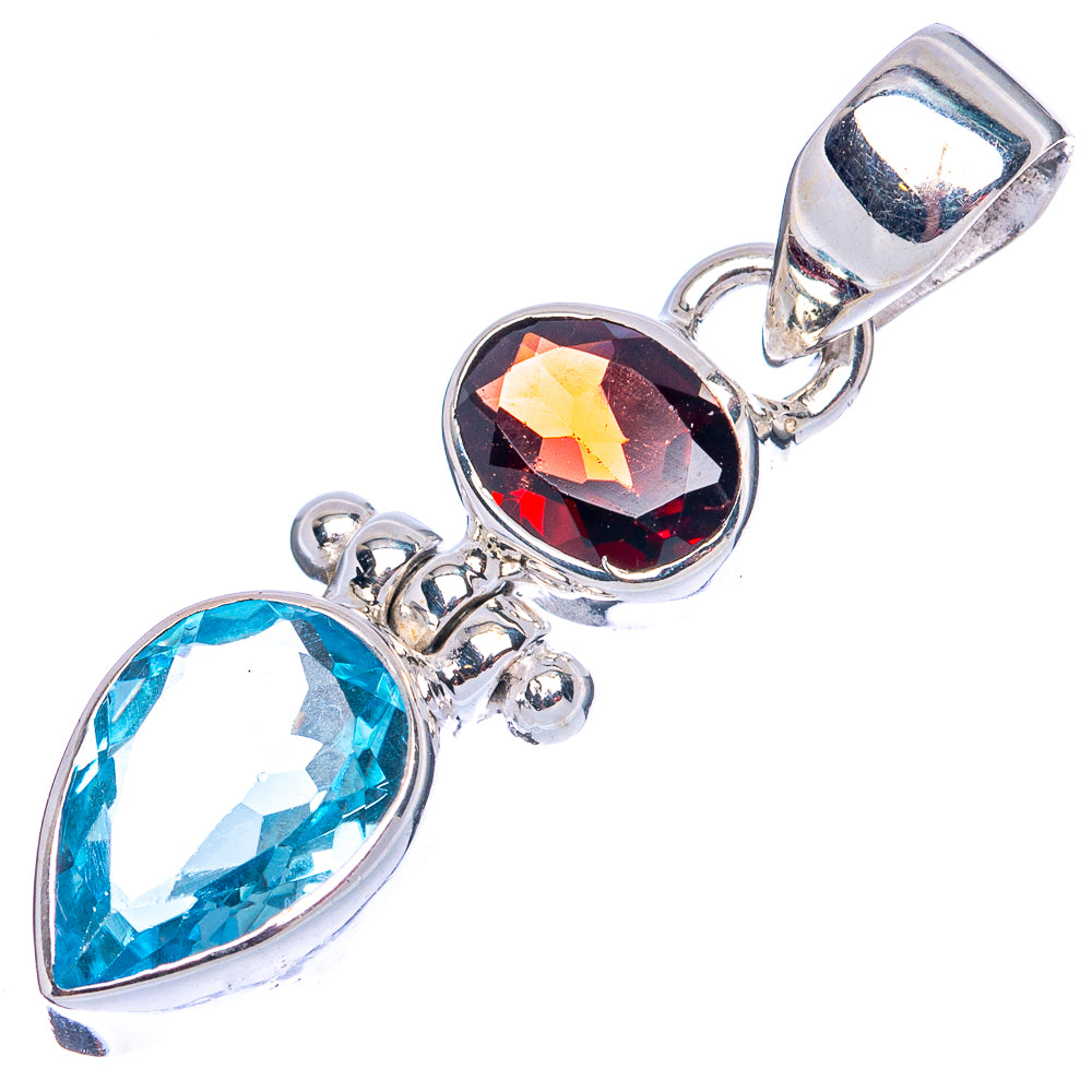 Blue Topaz, Garnet Pendant 1 3/8" (925 Sterling Silver) P42134
