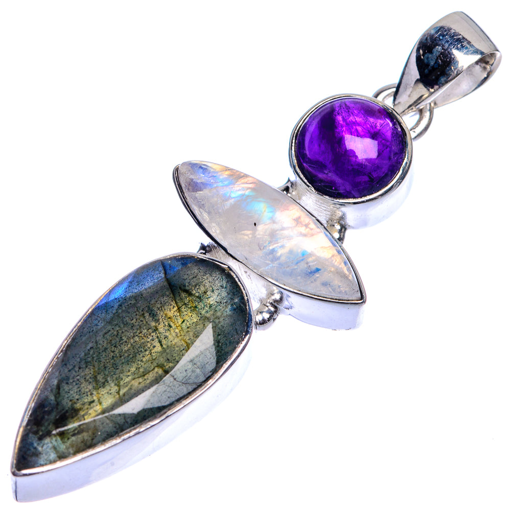 Labradorite, Rainbow Moonstone, Amethyst Pendant 2 1/8" (925 Sterling Silver) P39769