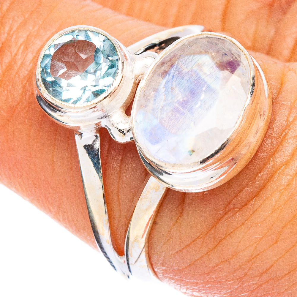 Rainbow Moonstone, Blue Topaz Ring Size 6.75 (925 Sterling Silver) R7909