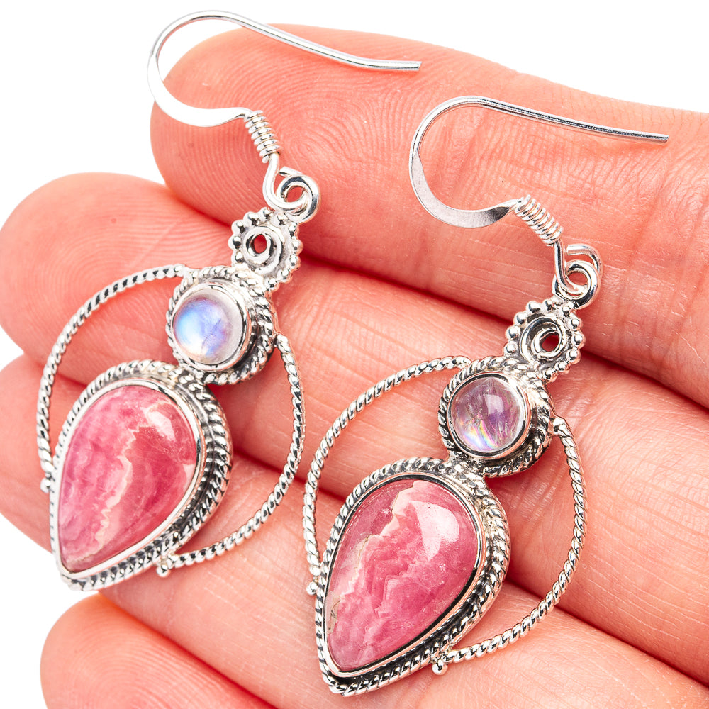 Premium Rhodochrosite, Rainbow Moonstone Earrings 1 7/8" (.925 Sterling Silver)