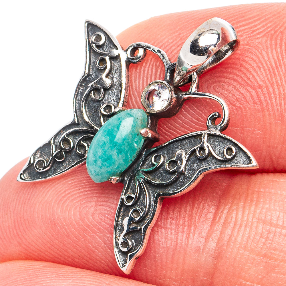 Dainty Amazonite, White Quartz Butterfly Pendant 7/8" (925 Sterling Silver) P45298