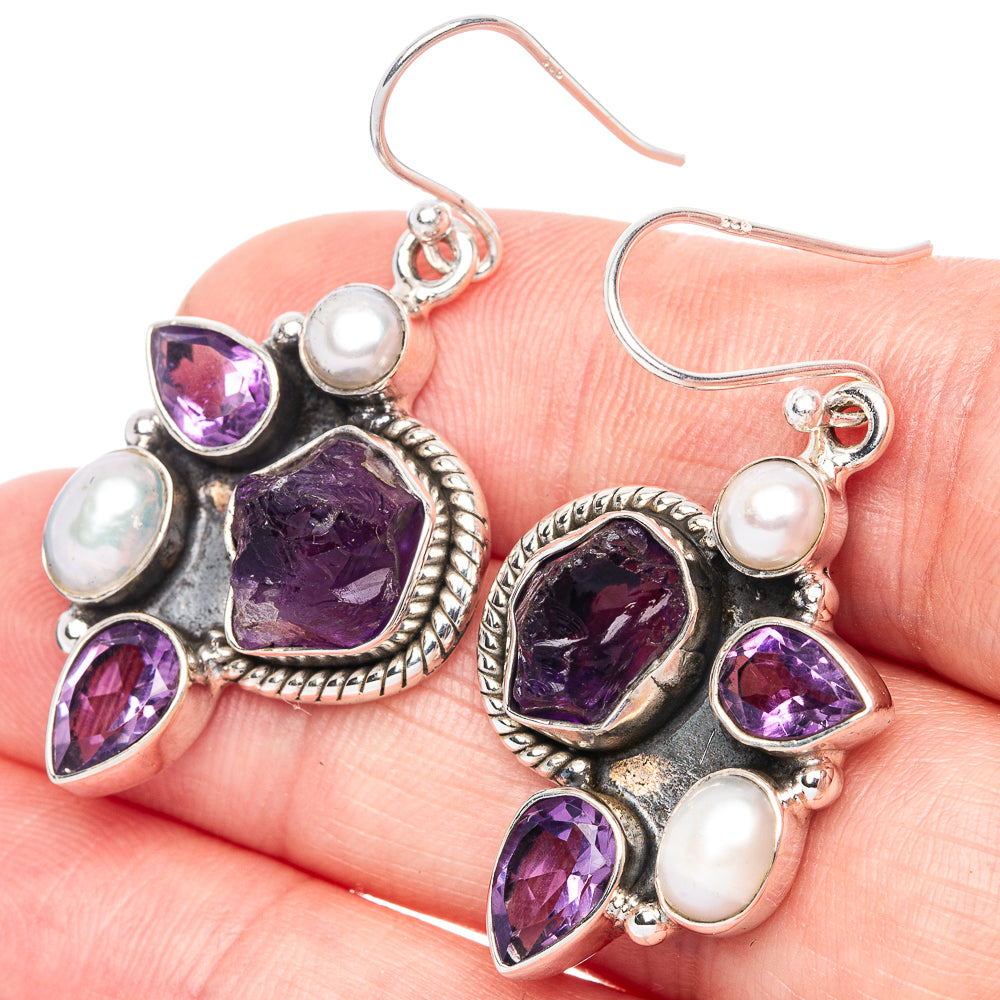 Premium Rough Amethyst, Rainbow Moonstone, Cultured Pearl 925 Sterling Silver Earrings 1 5/8" (925 Sterling Silver) E1218
