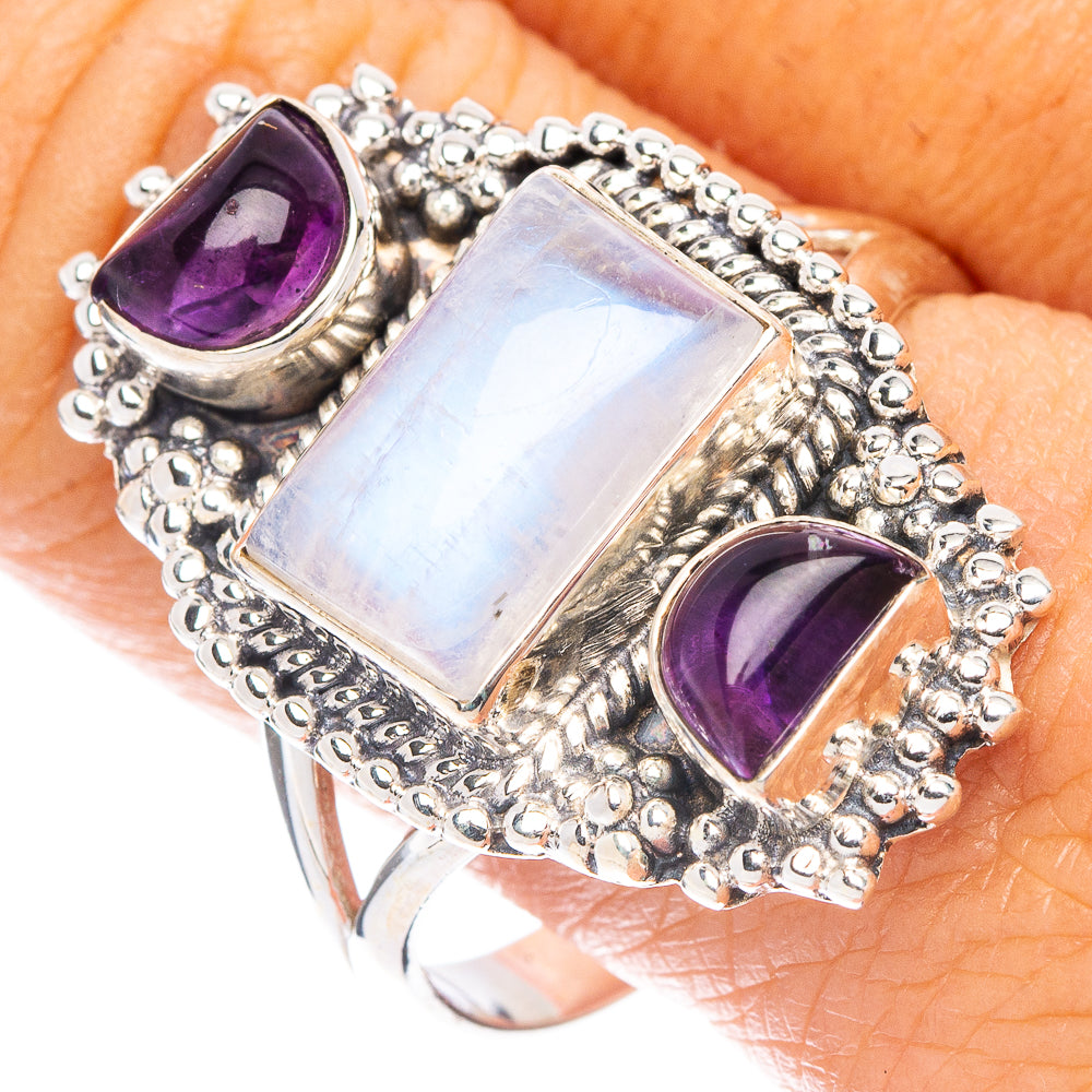 Rainbow Moonstone, Amethyst Ring Size 11.5 (925 Sterling Silver) R7061