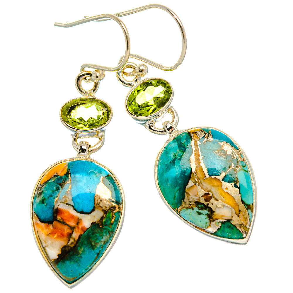 Spiny Oyster Turquoise, Peridot Earrings 1 3/4" (925 Sterling Silver) EARR431997