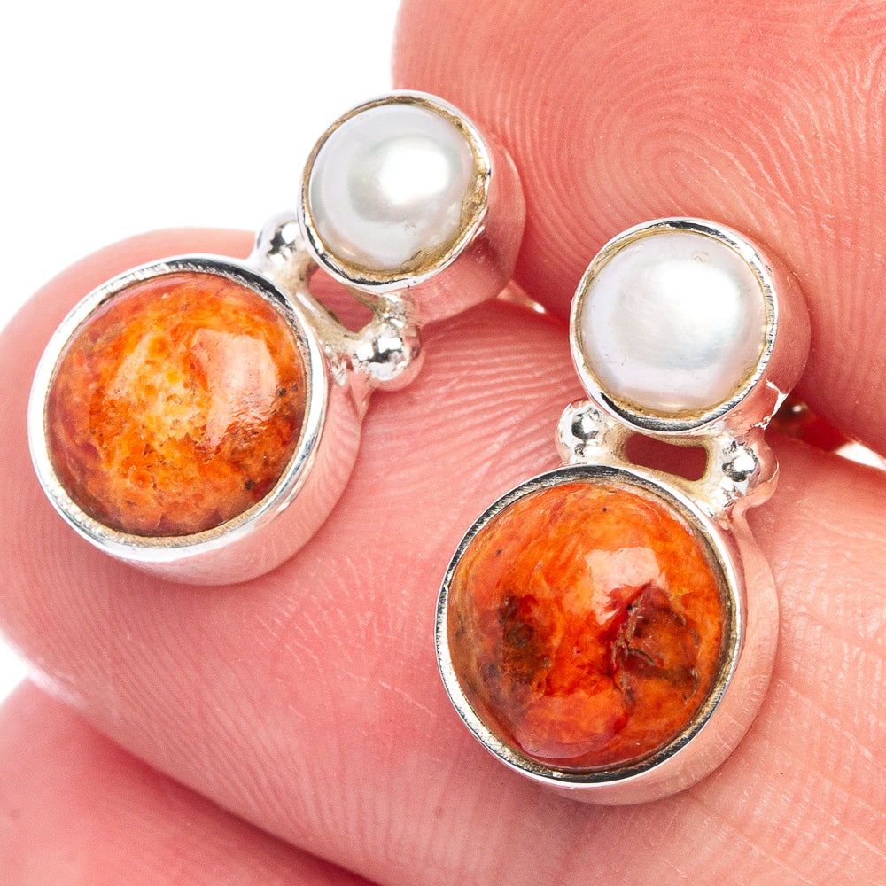 Sponge Coral, Cultured Pearl Earrings 5/8" (925 Sterling Silver) E433373