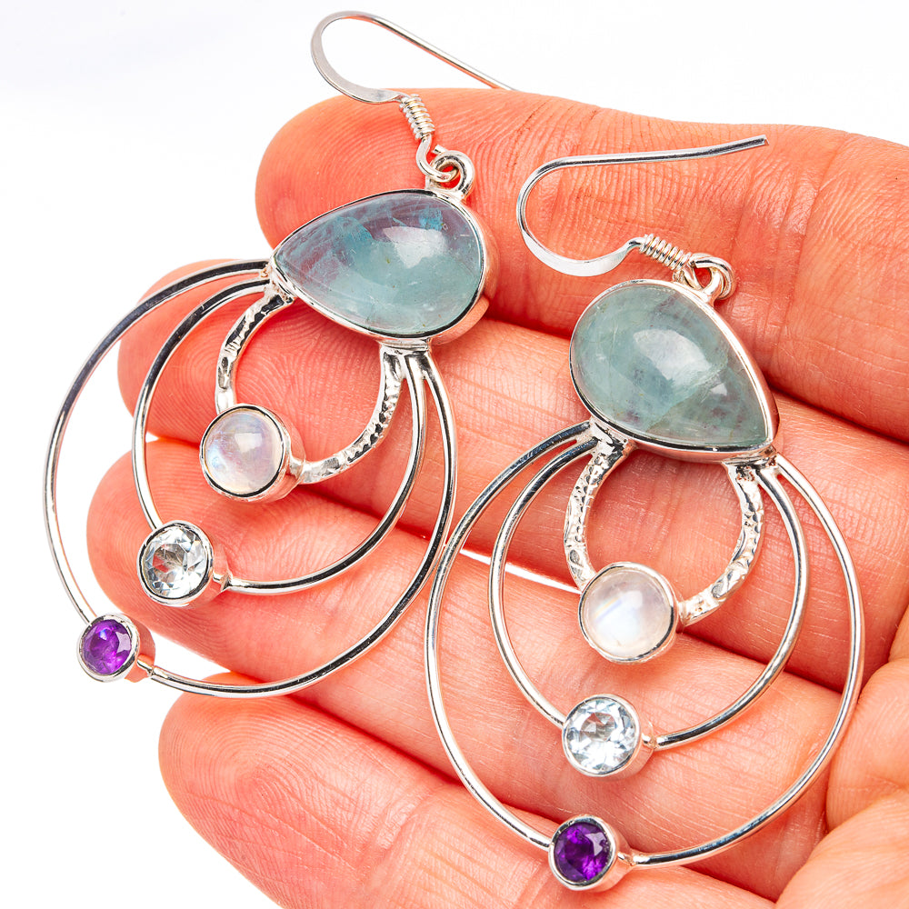 Signature Aquamarine, Rainbow Moonstone,  Blue Topaz, Amethyst Earrings 2 1/4" (.925 Sterling Silver)