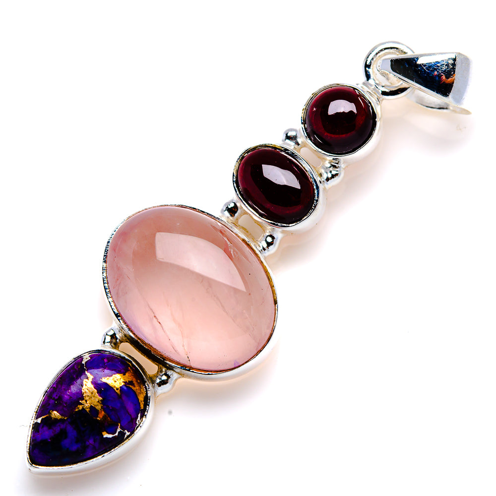 Rose Quartz, Purple Copper Composite Turquoise, Garnet Pendant 2 1/4" (925 Sterling Silver) PD38012