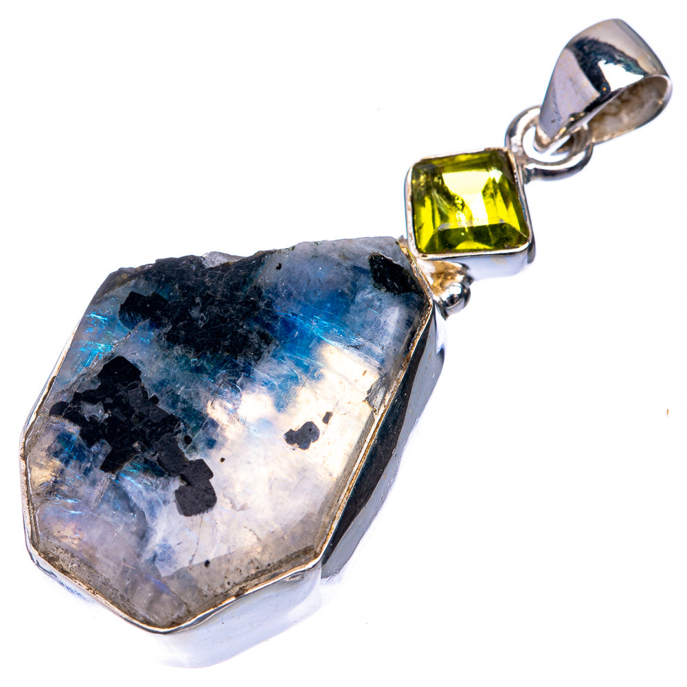 Raw Rainbow Moonstone, Peridot Pendant 2" (925 Sterling Silver) P39249