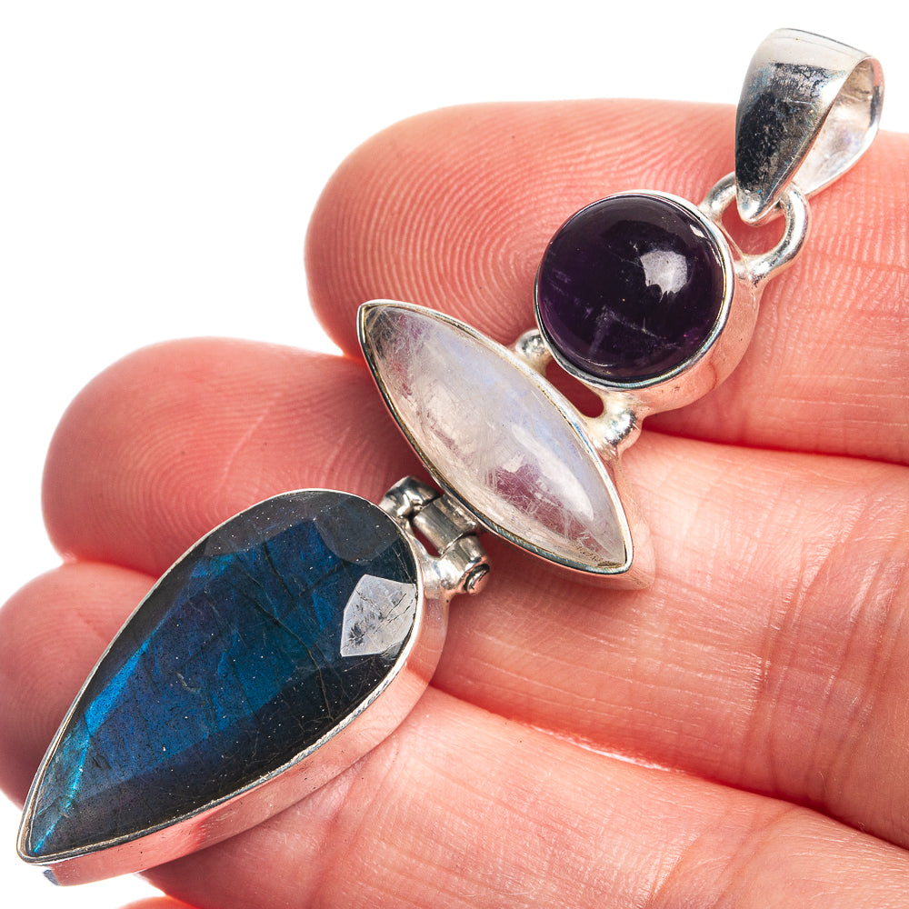 Labradorite, Rainbow Moonstone, Amethyst 925 Sterling Silver Pendant 2 1/8"
