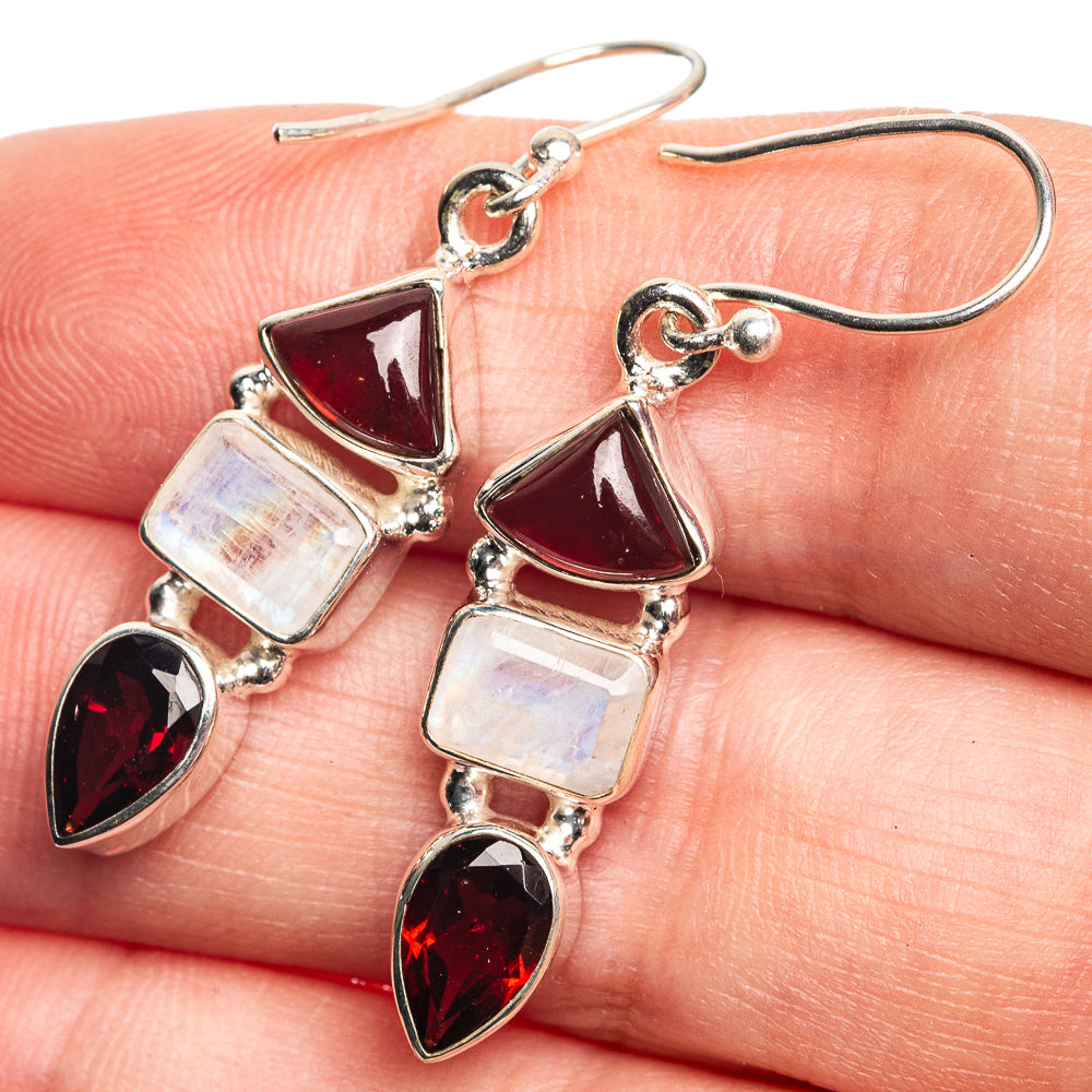 Rainbow Moonstone, Garnet Earrings 1 5/8" (925 Sterling Silver) E432644