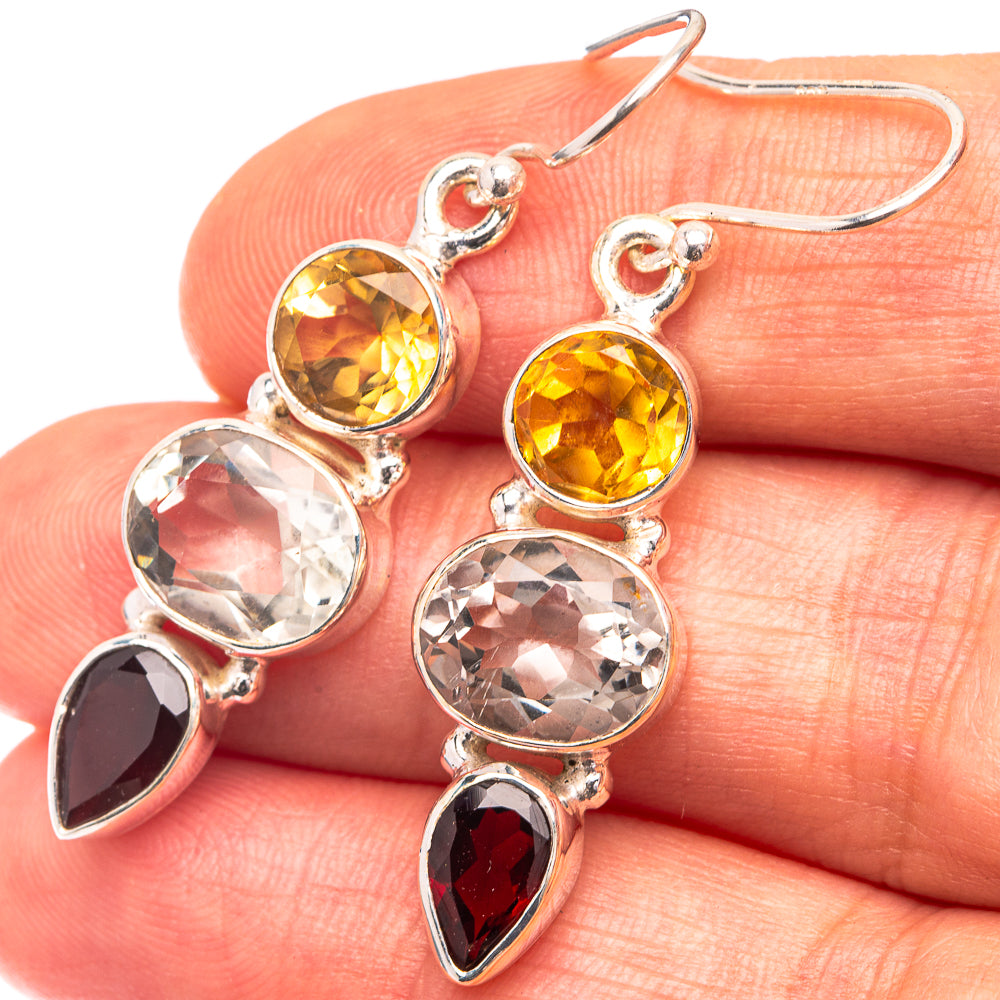White Quartz, Citrine, Garnet Earrings 1 3/4" (925 Sterling Silver) E432313