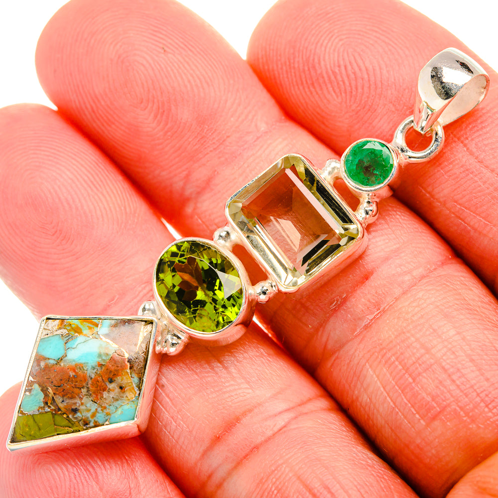 Kingman Mohave Turquoise, Peridot, Green Amethyst, Green Onyx 925 Sterling Silver Pendant 2 3/8" (925 Sterling Silver) PD38405