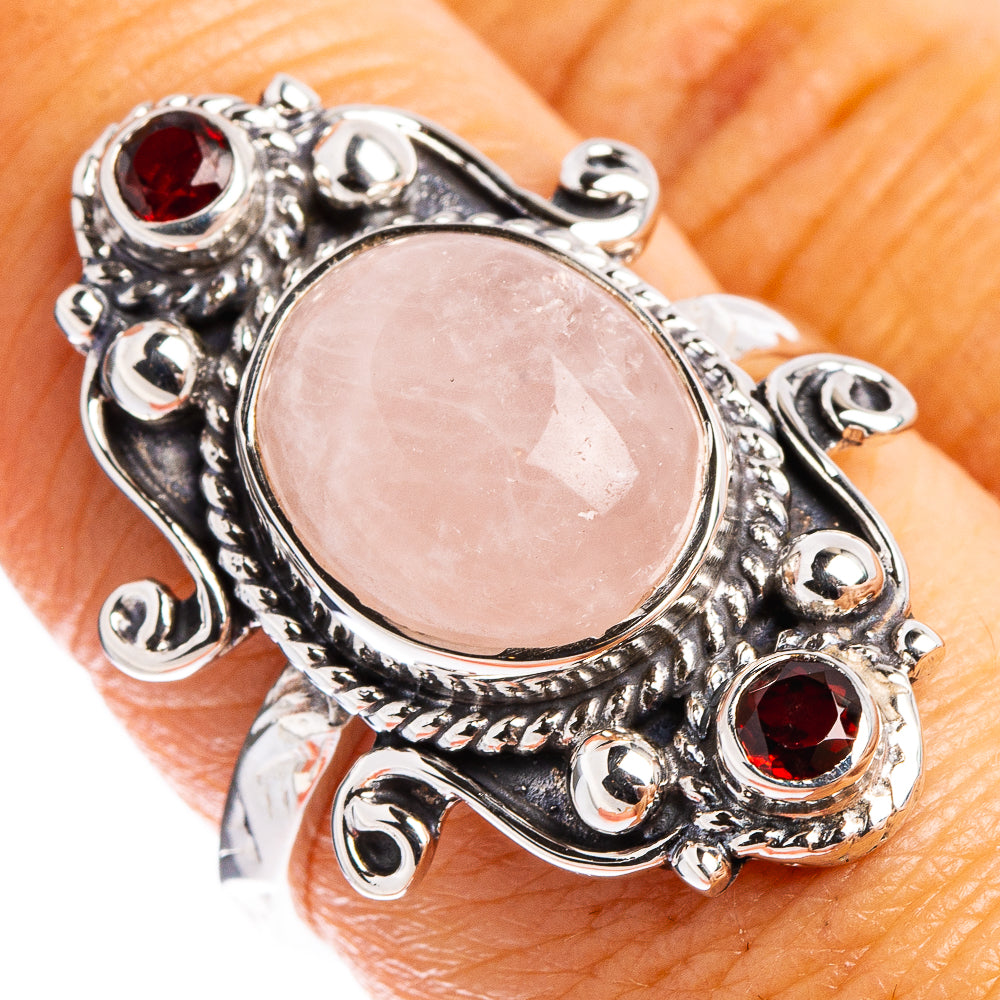 Premium Rose Quartz, Garnet Ring Size 7.75 (.925 Sterling Silver)