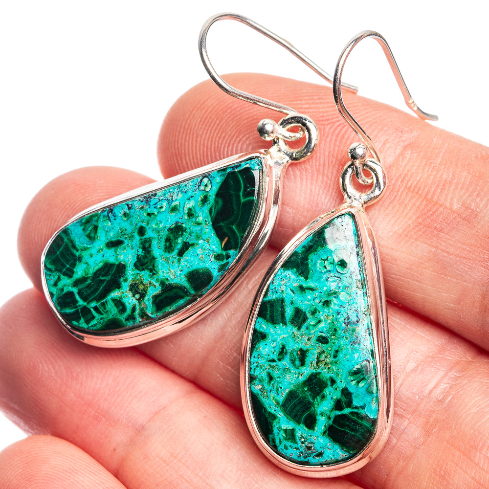 Malachite In Chrysocolla 925 Sterling Silver Earrings 1 5/8"