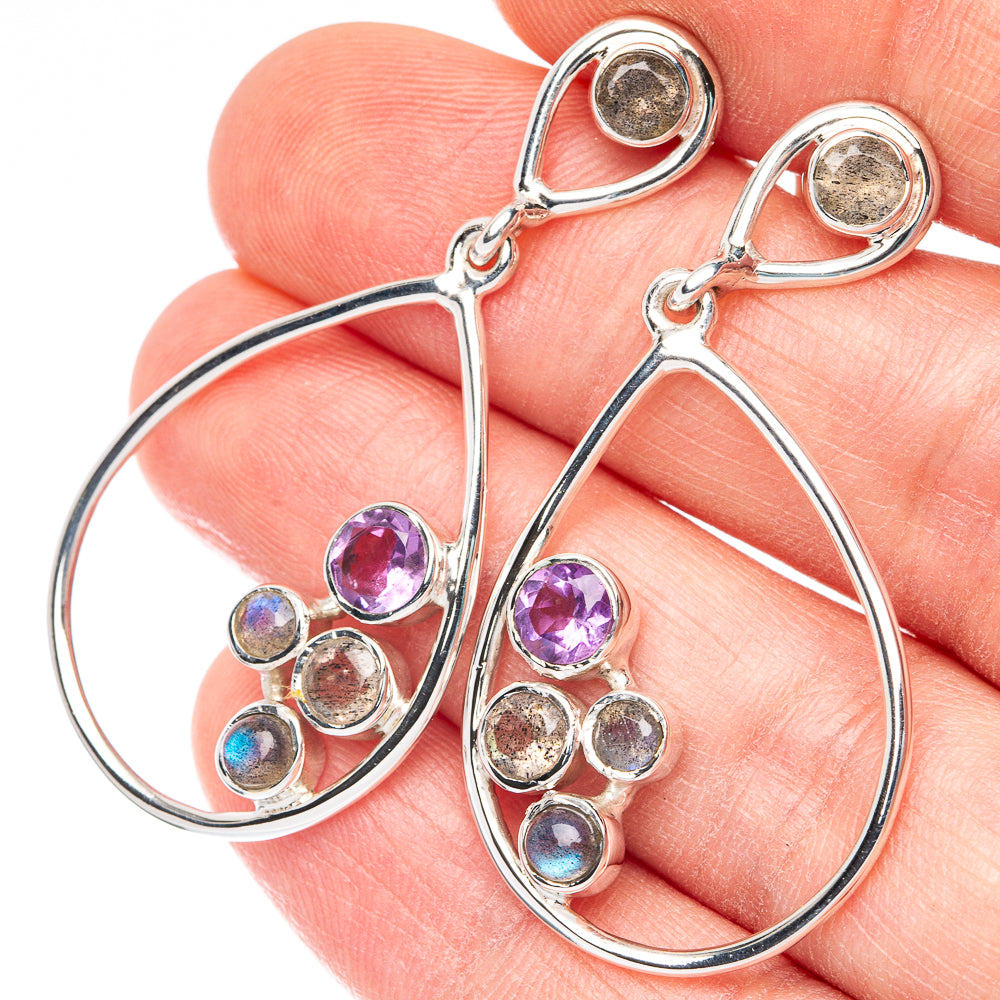 Premium Labradorite, Amethyst Earrings 1 3/4" (925 Sterling Silver) E2534