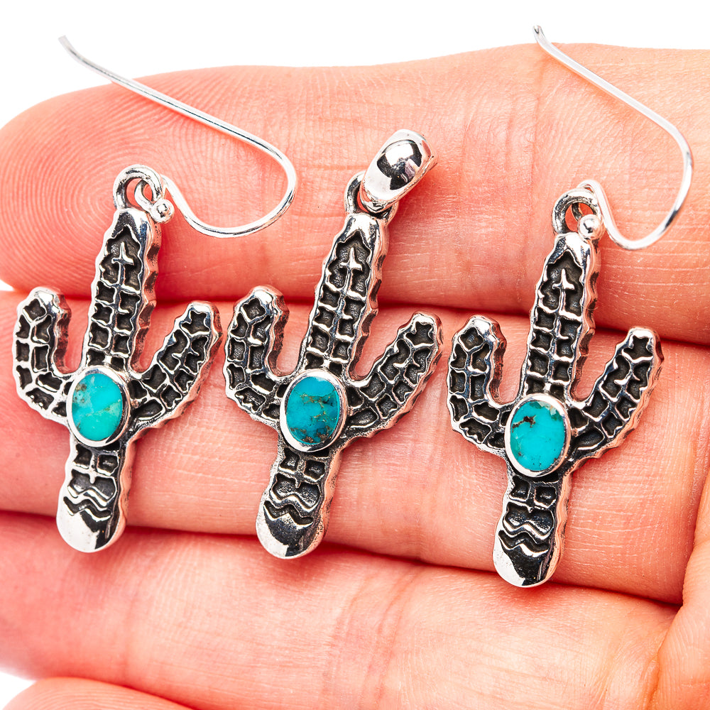 Native Style Mohave Turquoise Cactus Pendant & Earrings Set 1 1/4" (.925 Sterling Silver)