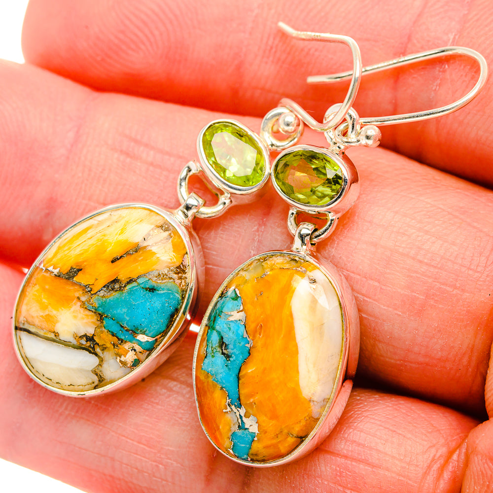 Spiny Oyster Turquoise, Peridot Earrings 1 3/4" (925 Sterling Silver) EARR432099