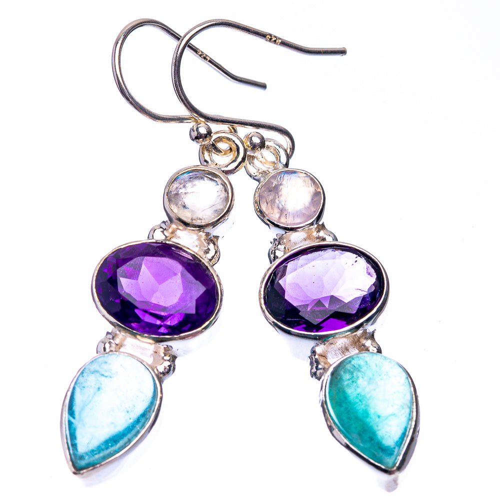 Natural Aquamarine, Amethyst, Rainbow Moonstone Earrings 1 3/4" (925 Sterling Silver) E432382
