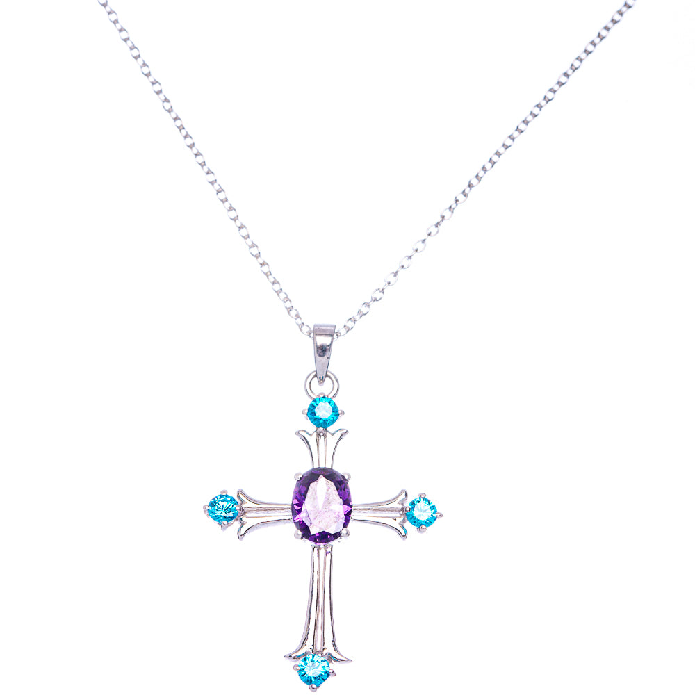 Faceted Amethyst, Blue Topaz Cross Necklace 18" (925 Sterling Silver) N90071