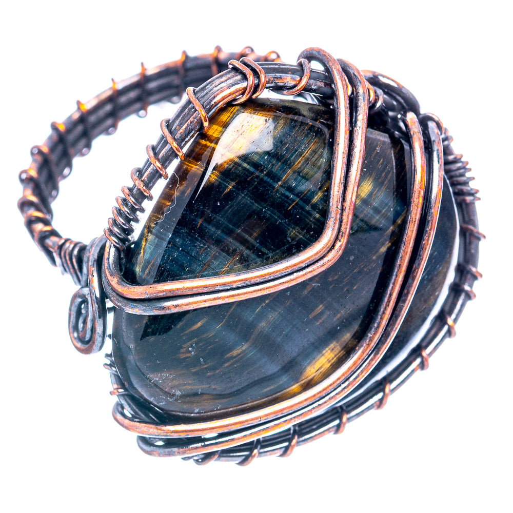 Blue Tiger's Eye Wire Wrap Ring Size 9.5 (Oxidized Copper)