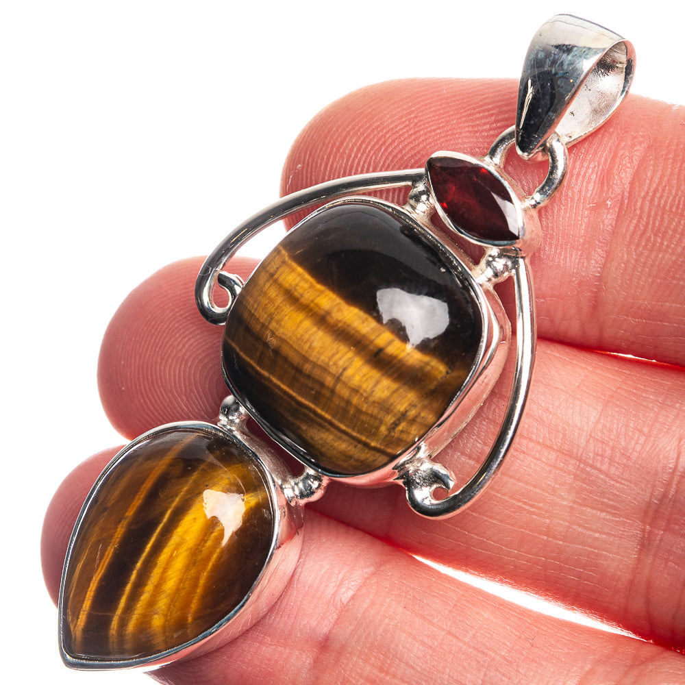 Tiger Eye, Garnet 925 Sterling Silver Pendant 2"