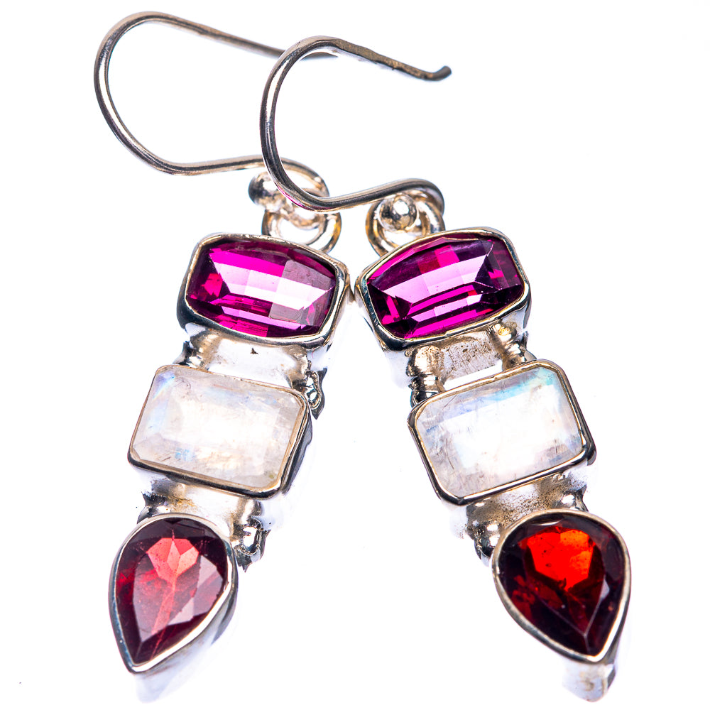 Rainbow Moonstone, Garnet Earrings 1 5/8" (925 Sterling Silver) E432740